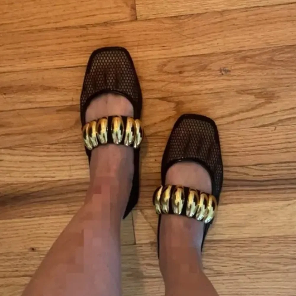 New Fishnet Mesh Ballet Flats Gold Metallic Buckle NWT Black Slip On Square Toe - Picture 8 of 9